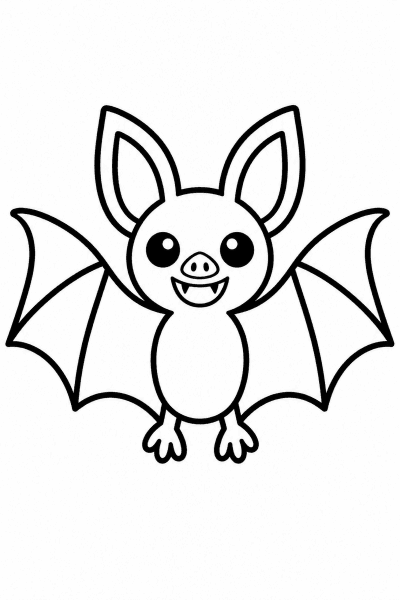 Színező egy aranyos denevérrel szemből, kitárt szárnyakkal és nagy fülekkel
