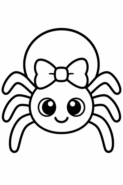 Színező egy mosolygós, nagy szemű pókkal, a fején masnival