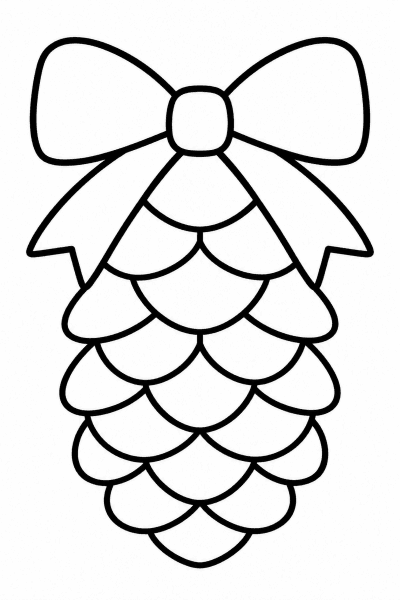 Színező egy masnival díszített fenyőtobozzal, egyszerű vonalakkal rajzolva