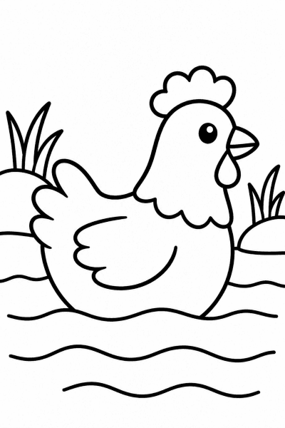 Színező egy tyúkkal, amely egy patak vizében gázol