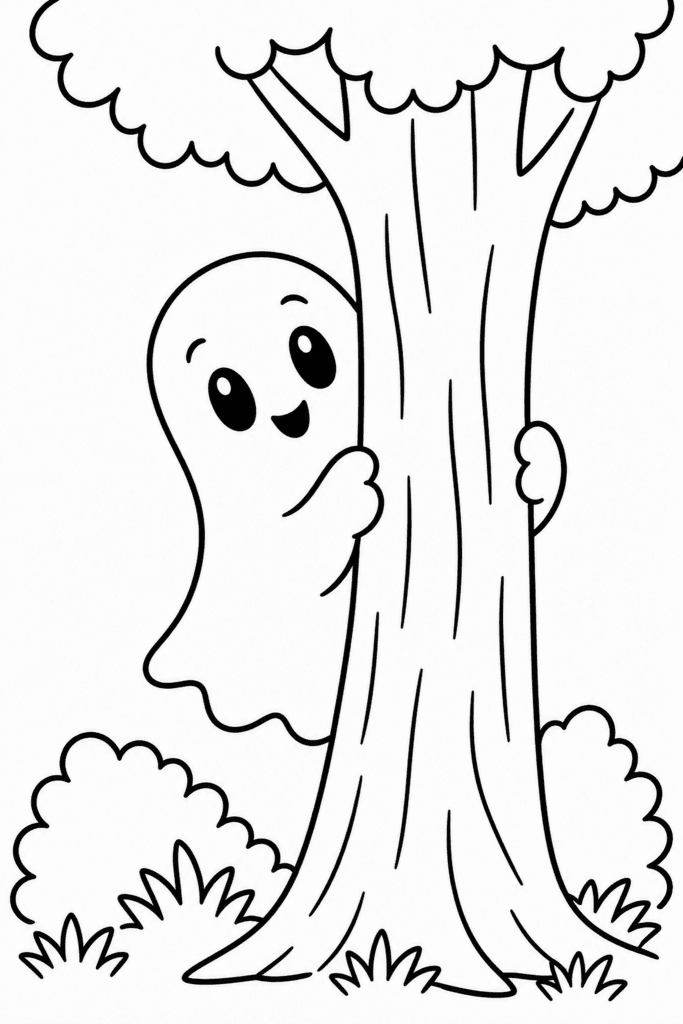 Színező egy aranyos kis kísértettel, aki egy fa mögé bújik