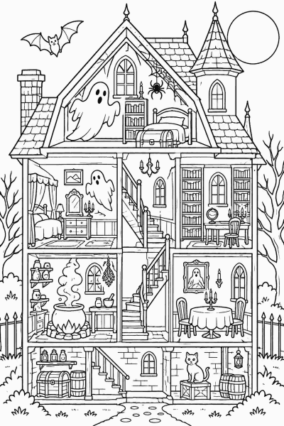 Színező egy kísértetházzal keresztmetszetben, szellemekkel, denevérrel, macskával, üsttel és pókkal