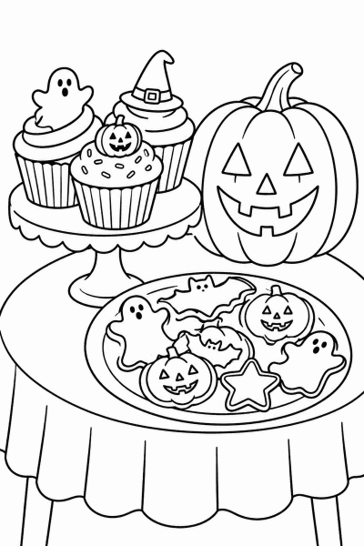 Színező egy asztallal, halloweeni kekszekkel, muffinokkal és faragott tökkel