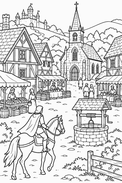 Színező egy középkori faluval, házakkal, templommal, piaccal és egy lovassal