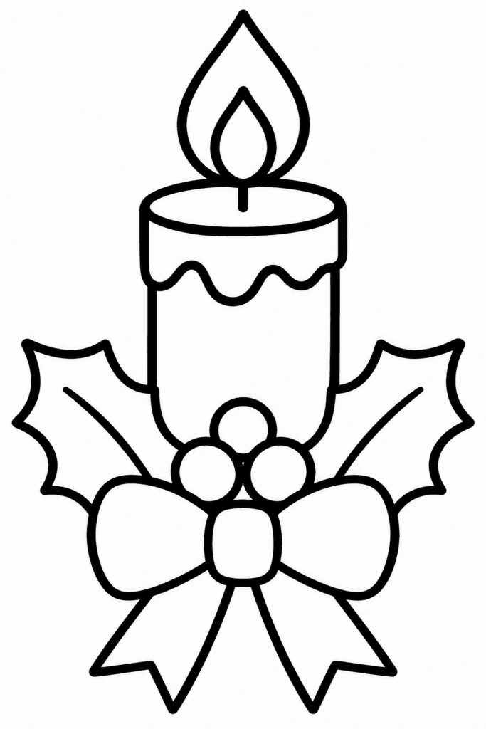 Színező egy ünnepi gyertyával, amelyet magyal és masni díszít