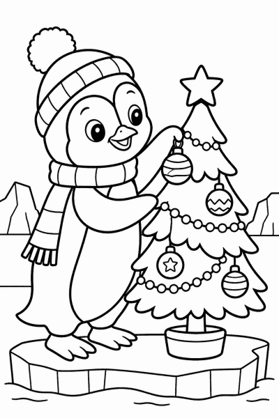 Színező egy pingvinnel, aki karácsonyfát díszít egy jégtáblán