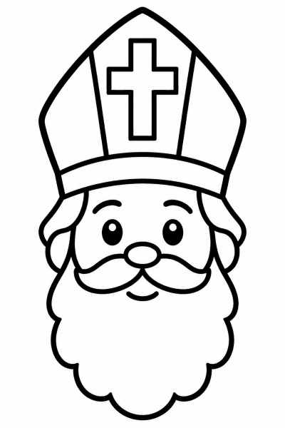 Színező Szent Miklós arcával, hosszú szakállal és keresztes püspöksüveggel