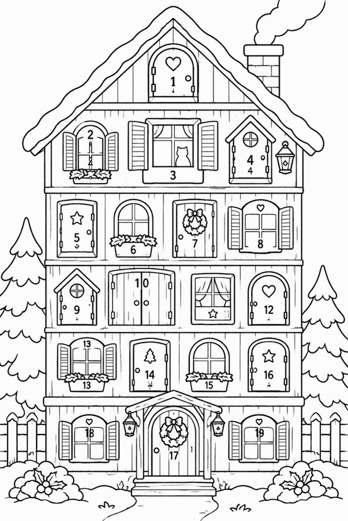 Színező egy adventi házikóval, kis ablakokkal, számozott ajtócskákkal és díszekkel