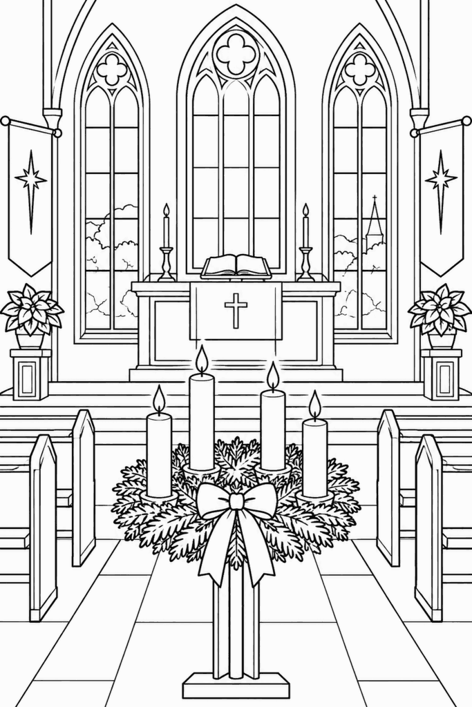 Színező egy templombelsővel, adventi koszorúval, gyertyákkal és magas csúcsíves ablakokkal