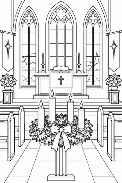 Színező egy templombelsővel, adventi koszorúval, gyertyákkal és magas csúcsíves ablakokkal