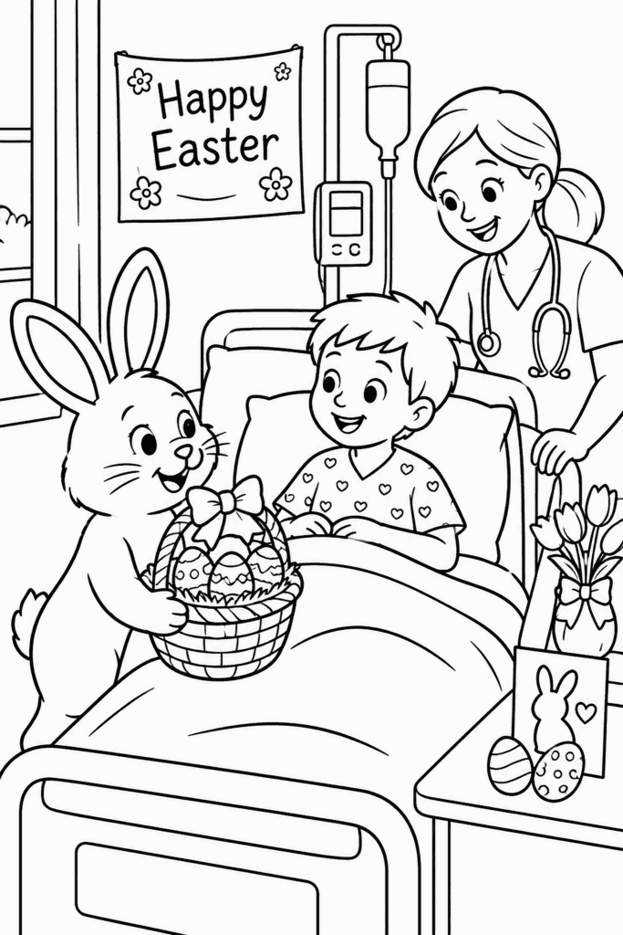 Színező egy kosaras húsvéti nyuszival, aki egy kisfiút látogat meg a kórházban