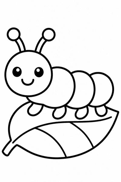 Színező egy aranyos, mosolygós hernyóval egy levélen