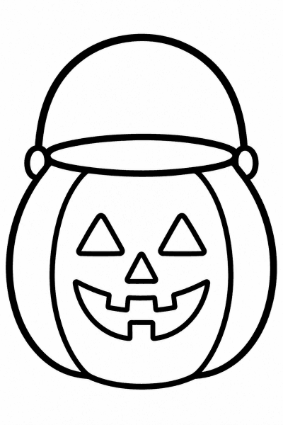 Színező egy mosolygós, tök alakú vödörrel halloweeni édességekhez