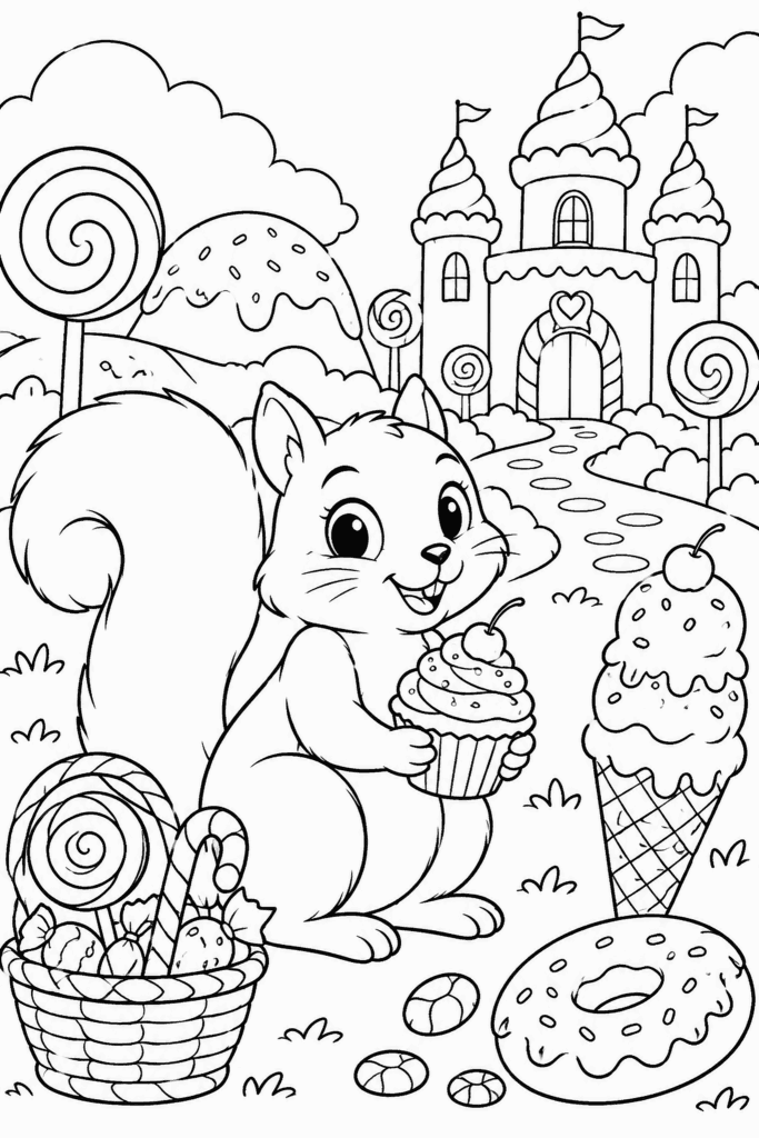 Színező egy muffinos mókussal nyalókák és fagylalt között a vár előtt