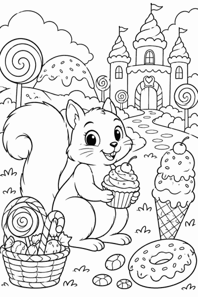 Színező egy muffinos mókussal nyalókák és fagylalt között a vár előtt