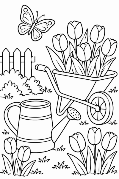 Színező egy kerttel, tulipánokkal, locsolókannával, talicskával és egy pillangóval