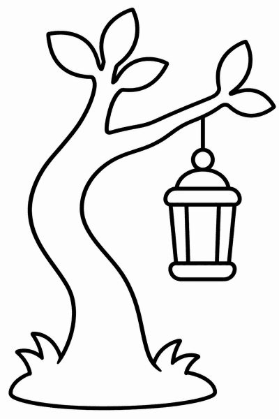 Színező egy görbe fával, amelynek egyik ágáról lámpás lóg