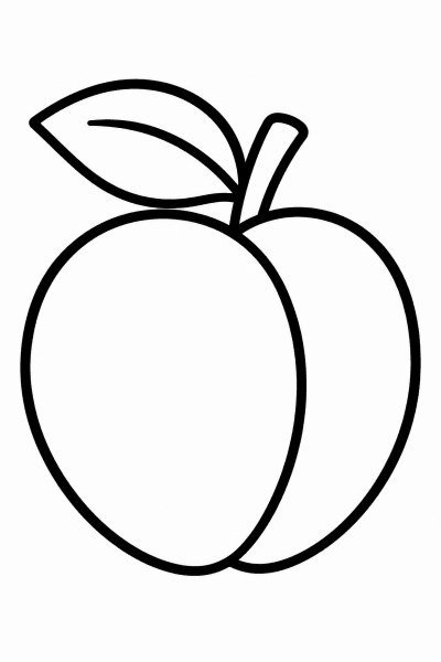 Színező egy őszibarackkal és egyetlen levéllel, egyszerű vonalrajz