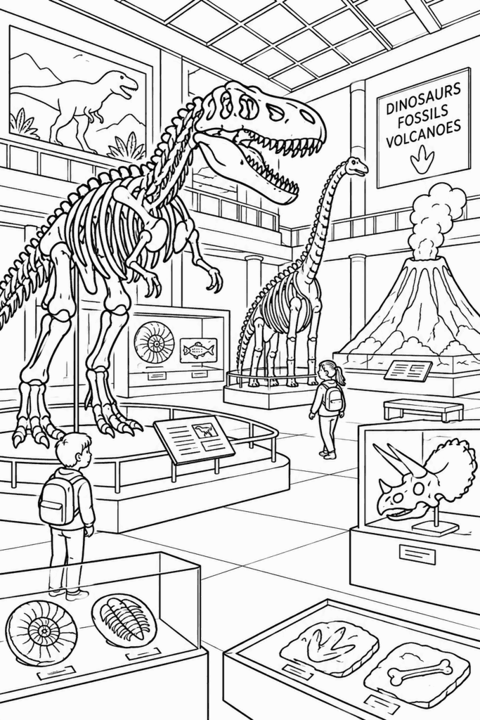 Színező egy múzeummal, dinoszaurusz-csontvázakkal, kövületekkel és vulkánmakettel