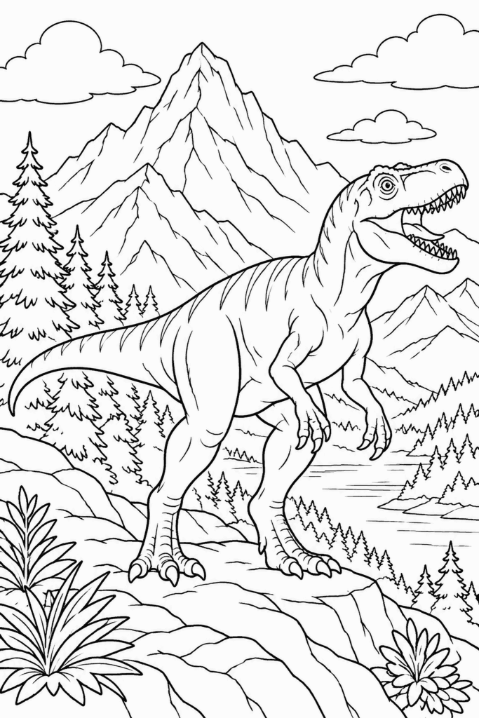 Színező egy dinoszaurusszal egy sziklán, a háttérben hegyekkel és erdővel
