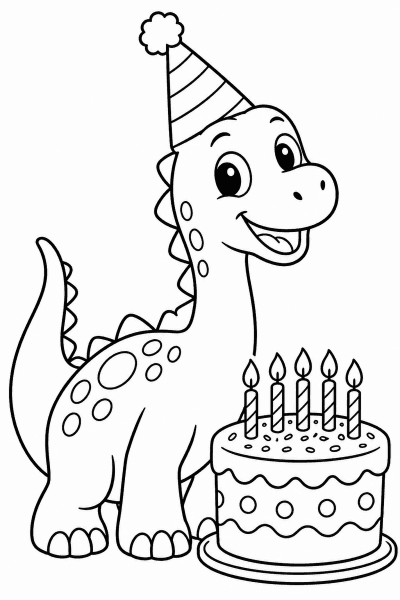 Színező egy parti kalapos dinoszaurusszal és égő gyertyás tortával