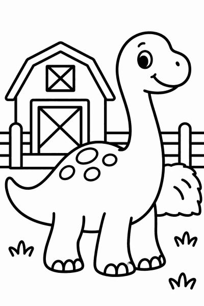 Színező egy aranyos dinoszaurusszal, amely egy vidéki pajta előtt áll
