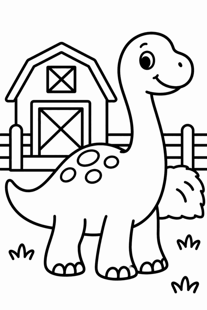 Színező egy aranyos dinoszaurusszal, amely egy vidéki pajta előtt áll