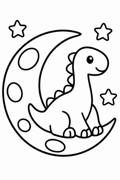 Színező egy dinoszaurusszal, amely a Holdon ül két csillag mellett