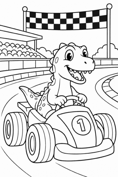 Színező egy dinoszaurusszal, amely gokartot vezet a versenypályán
