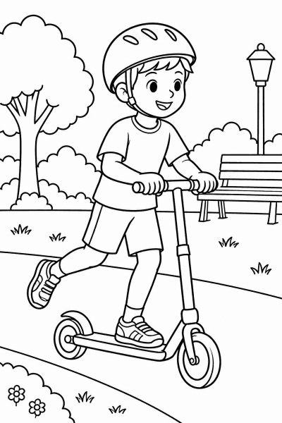 Színező egy bukósisakos fiúval, aki rollerrel halad a parkban