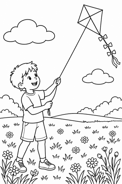 Színező egy gyerekkel, aki sárkányt ereget a virágos réten, felhőkkel