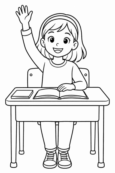 Színező egy gyerekkel, aki az iskolapadban ül és felteszi a kezét