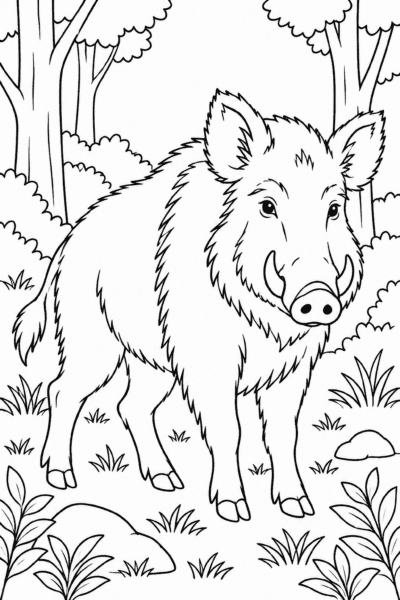 Színező egy erdőben álló vaddisznóval fák és bokrok között