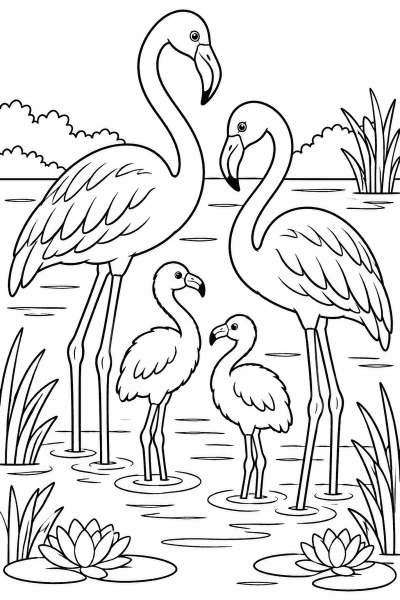 Színező két felnőtt flamingóval és két fiókával a lagúna vizében