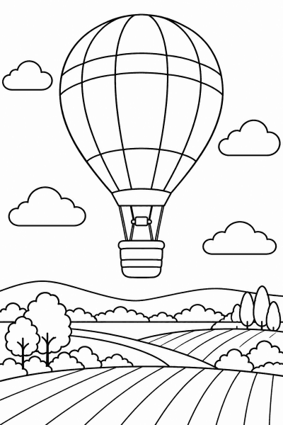 Színező egy hőlégballonnal, amely a mezők felett, felhők között száll