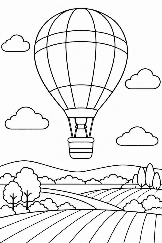 Színező egy hőlégballonnal, amely a mezők felett, felhők között száll