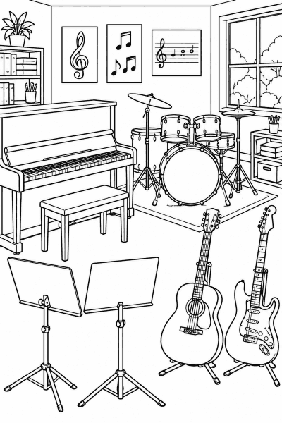 Színező egy zeneteremről zongorával, dobokkal, gitárokkal és kottatartókkal