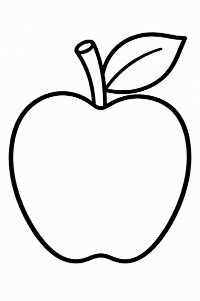 Színező egy almával, a szárán egy levéllel