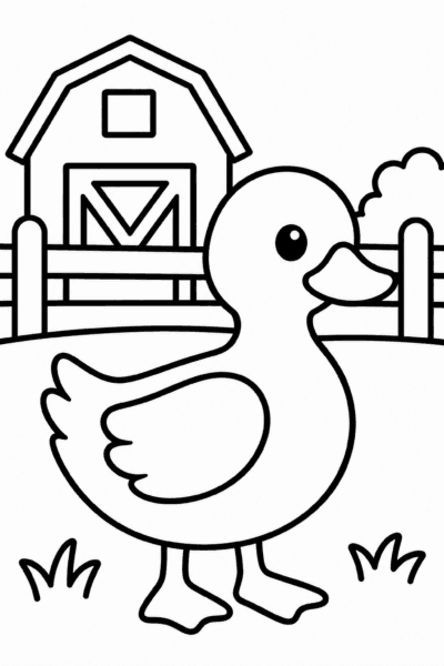 Színező egy aranyos kacsával, amely egy vidéki pajta előtt áll