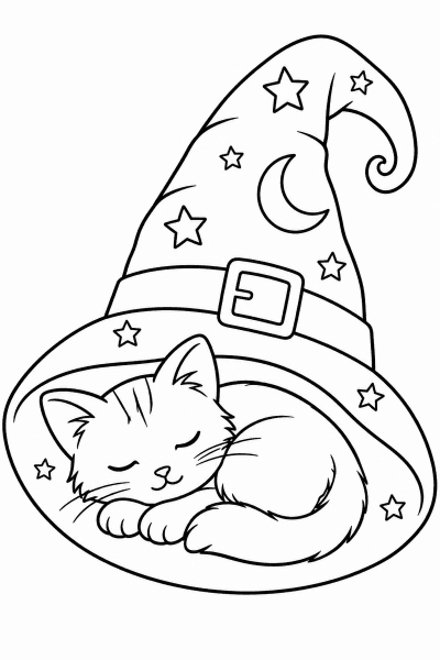 Színező egy cicával, amely csillagokkal és holddal díszített boszorkánykalapban alszik