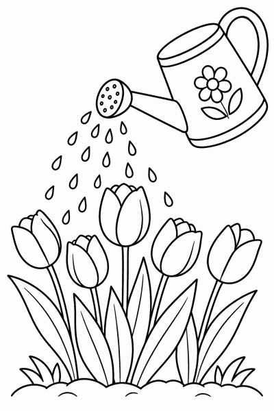 Színező egy virág formájú locsolókannával, amely tulipánokat öntöz