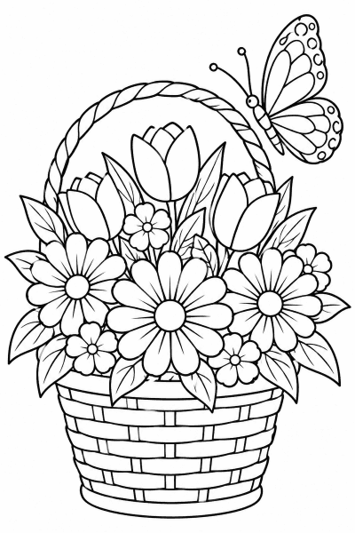 Színező egy tulipánokkal és százszorszépekkel teli kosárral, amelyet pillangó díszít
