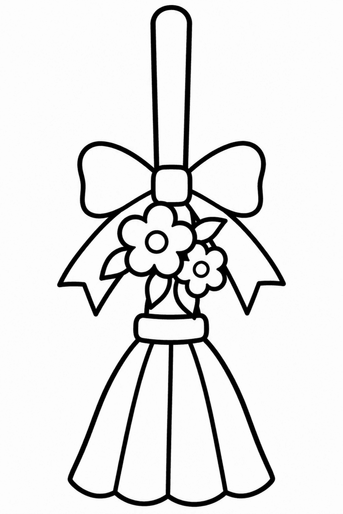 Színező egy seprűvel, amelyet masni és virágok díszítenek