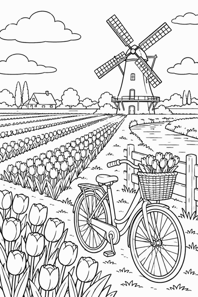 Színező egy szélmalommal a tulipánsorok között, kerékpárral és virágokkal teli kosárral