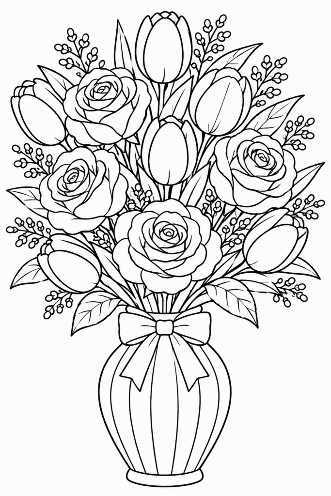 Színező egy rózsákból és tulipánokból álló csokorral egy vázában