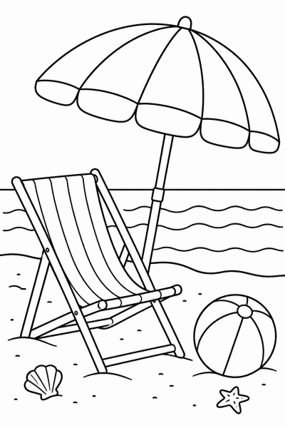 Színező egy stranddal, napernyővel, nyugággyal, labdával és kagylókkal