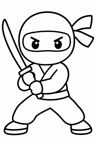 Színező egy aranyos nindzsával, aki kardot tart, chibi stílusban