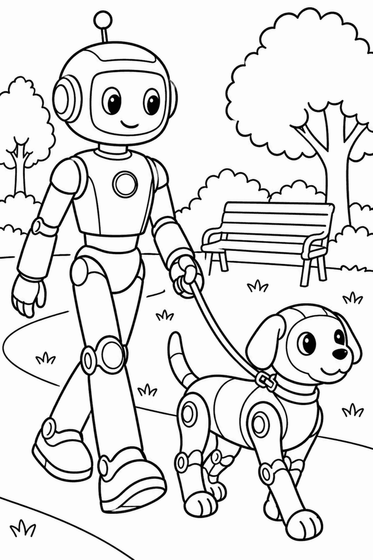 Színező egy robottal és robotkutyával a parkban, fákkal és paddal