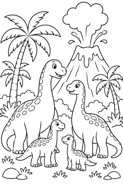 Színező egy dinoszauruszcsaláddal a vulkán és a pálmafák mellett