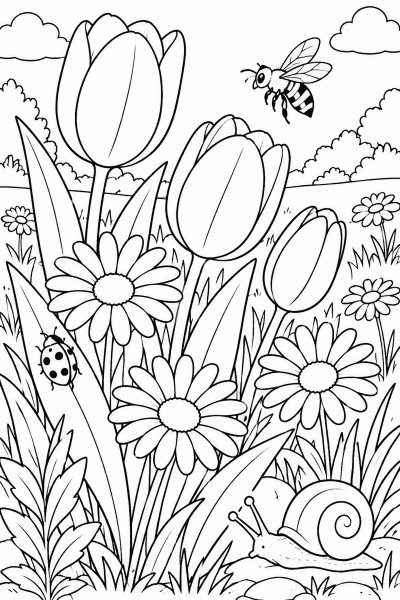 Színező egy réttel, tulipánokkal, százszorszépekkel, méhecskével, katicával és csigával
